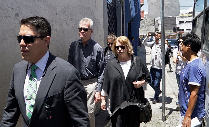 Gorel Biniel and Dag Gustafsson, parents of Swedish software developer Ola Bini, arrive at the jail where Bini is being held, in Quito