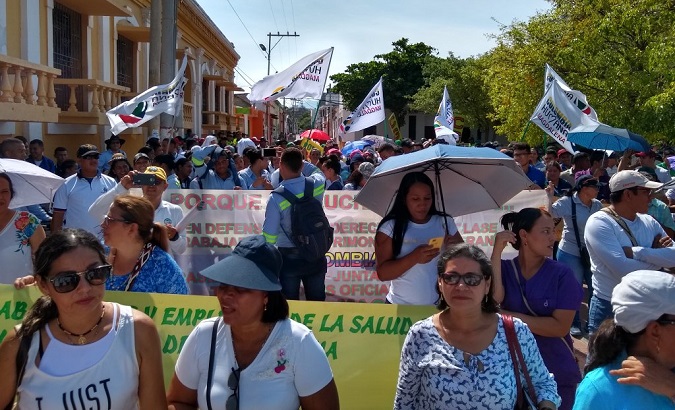 Workers and students march in protest of President Duque's policies in Magdalena, Colombia, April 25, 2019.