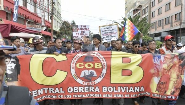 Bolivian President Evo Morales marches with labor unions on Wednesday, May 1, 2019.