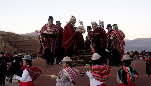 President Evo Morales participates during an Inti Raymi solstice ceremony in Tiwanaku, La Paz, Bolivia, June 21, 2019.