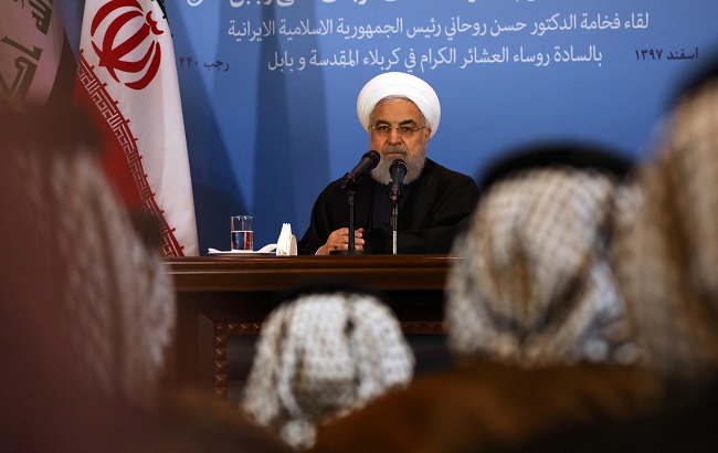 Iranian President Hassan Rouhani is seen during a meeting with tribal leaders in Kerbala, Iraq, March 12, 2019.