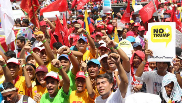 Student rally in Venezuela in support of No More Trump campaign petitions that will be presented at UN general assembly in late Sept. Sept. 12, 2019
