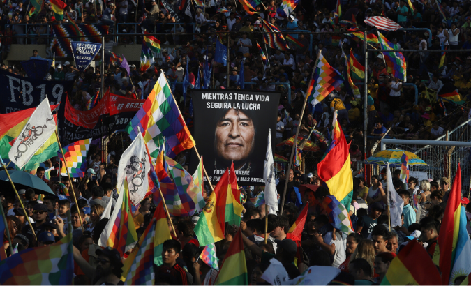 Supporters of Bolivian ex-president Evo Morales (not pictured) attend an event to mark the 14th anniversary of Plurinational State Foundation Day, in Buenos Aires, Argentina January 22, 2020.