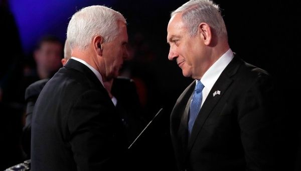 U.S. Vice President Mike Pence and Israeli Prime Minister Benjamin Netanyahu speak at the World Holocaust Forum marking 75 years since the liberation of the Nazi extermination camp Auschwitz, at Yad Vashem Holocaust memorial centre in Jerusalem January 23, 2020.