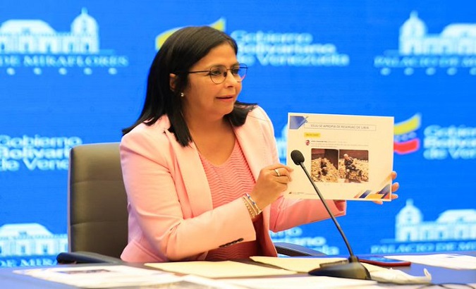 Delcy Rodriguez in press conference from  Miraflores' Palace. Caracas, Venezuela. May 26, 2020.