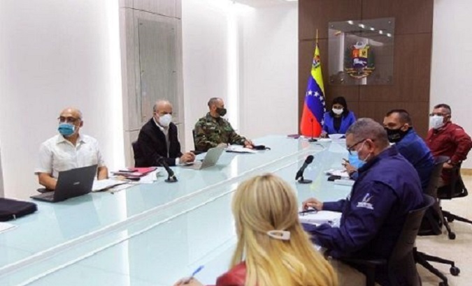 Vice President Delcy Rodriguez (C) in a working meeting with health authorities, Caracas, Venezuela, June 24, 2020.
