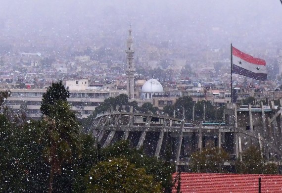 Snow is seen in Damascus, capital of Syria on Feb. 17, 2021.