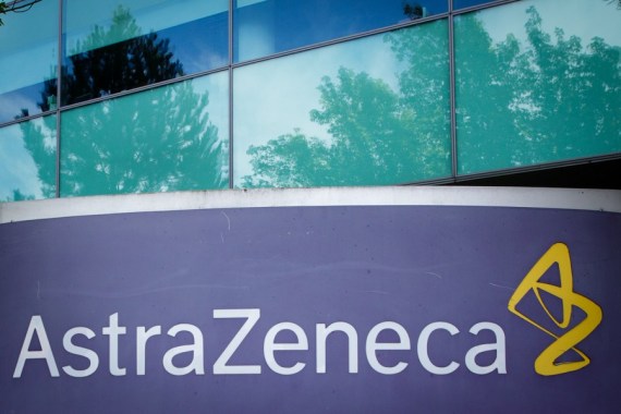 Photo taken on May 18, 2020 shows a logo in front of AstraZeneca's building in Luton, Britain.