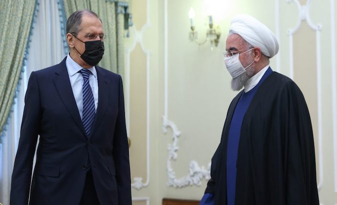 Russia's Foreign Affairs Minister Sergey Lavrov (L) meets President Hassan Rouhani (R), Tehran, Iran,  April 13, 2021.