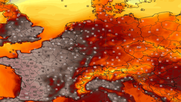 Apparent temperature map (F) in Europe as of July 15, 2022.