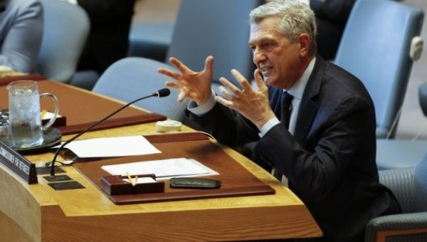 United Nations High Commissioner for Refugees (UNHCR) Filippo Grandi briefs the UN Security Council on the state of the world's displaced people, at the UN headquarters in New York, on  April 9, 2019.