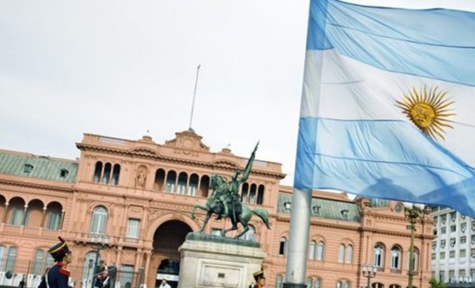 The Argentine flag in dowtown Buenos Aires, 2024.