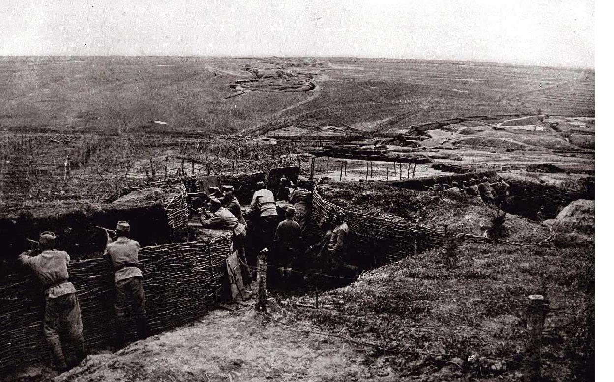 Austrian soldiers stands in a trench in Galitzia, at the eastern Europe front.