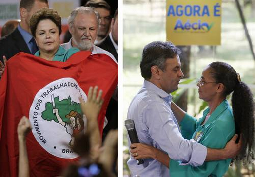 Dilma Rousseff, the current president, during a meeting with 13 other social movements yesterday (left) and her challenger Aecio Neves the same day in Sao Paolo, with the defeated candidate Marina Silva, who announced her support only a few days ago. (Photo: Reuters)