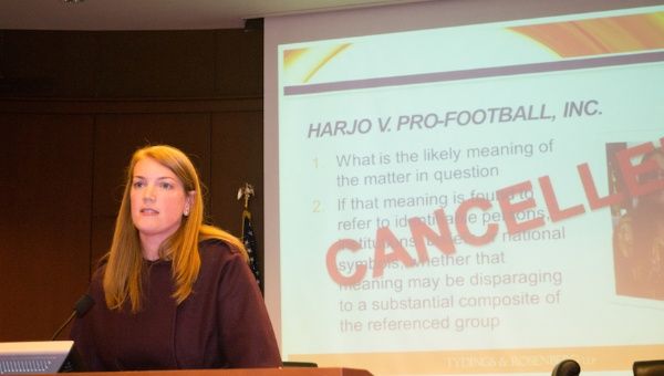 Maryland Carey Law graduate Julie A. Hopkins, Partner at Tydings & Rosenberg LLP, discussing the issues surrounding the cancellation of the Washington Redskins trademark at the University of Maryland Francis King Carey School of Law (Jill Yesko)