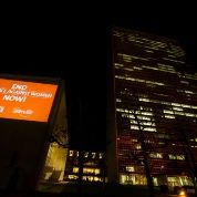 The UN headquarters complex is lit in orange as part of the “Orange Your Neighborhood” campaign for the International Day to End Violence against Women on November 25, 2014.