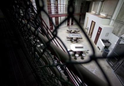 The interior of an unoccupied communal cellblock is seen at Camp VI, a prison used to house detainees at the U.S. Naval Base at Guantanamo.