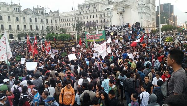 Demonstrators congregated at San Martin Square in downtown Lima.