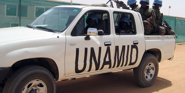 A U.N.-African Union joint mission vehicle in Darfur