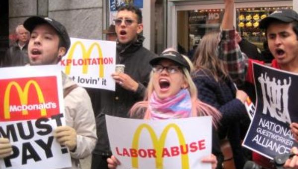 Student guestworkers protested outside McDonald's in New York's Times Square