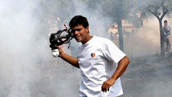 Lopez, gas mask in hand, participated in the 2002 coup against Chavez while wearing a shirt of the municipality where he was mayor.