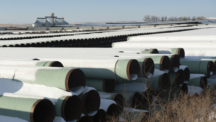 A depot used to store pipes for the planned Keystone XL oil pipeline is seen in Gascoyne, North Dakota, Nov. 14, 2014.