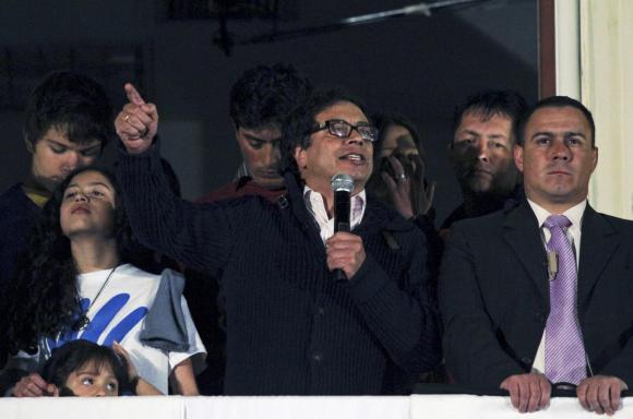 Bogota's Mayor Gustavo Petro gives a speech during a protest at Bogota's City Hall.