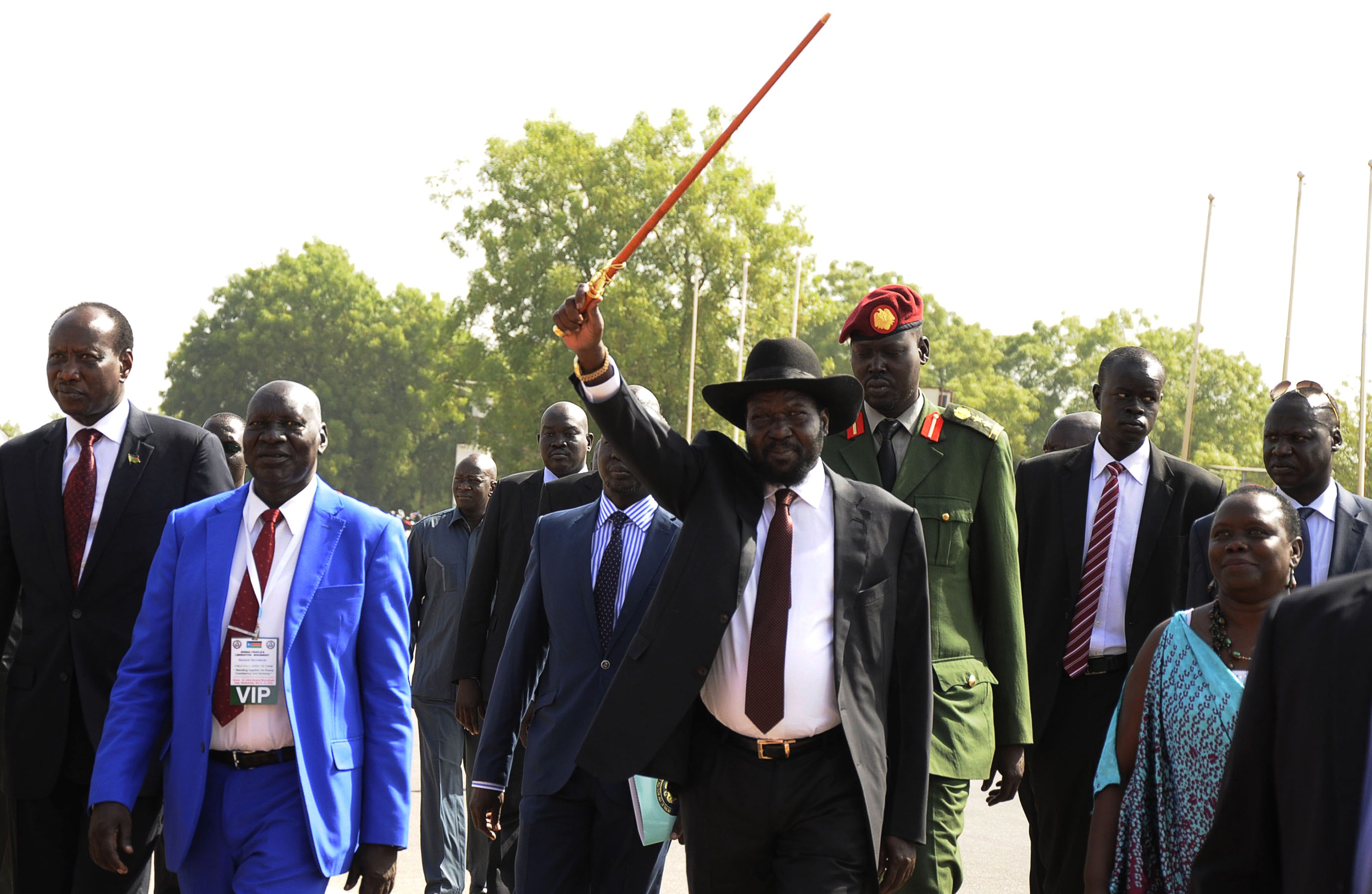 South Sudan's President Salva Kiir (C) acknowledges his supporters as he arrives to address a rally at John Garang's Mausoleum in the capital Juba March 18, 2015.