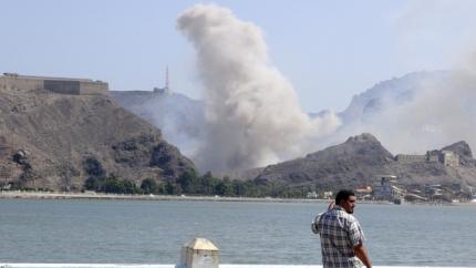 Smoke rises from an arms depot at the Jabal Hadeed military compound in Aden