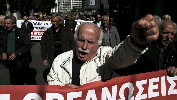 A pensioner shouts slogans during an anti-austerity demonstration in Athens April 1, 2015.