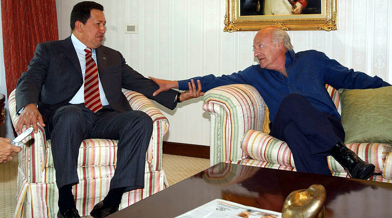Galeano meets Venezuela's President Hugo Chavez in 2005, at the Venezuelan embassy in Montevideo. Chavez was visiting Uruguay for the Mercosur presidential summit.
