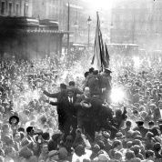 People celebrating the proclamation of the Second Republic in Madrid's Plaza Sol in 1931.