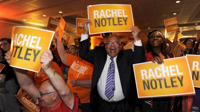 NDP supporters cheer as election results come in the victory party at the election headquarters in Edmonton, Alberta.