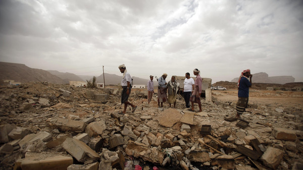 Rubble left by a drone-strike in Yemen, where the U.S. is also carrying out air attacks.