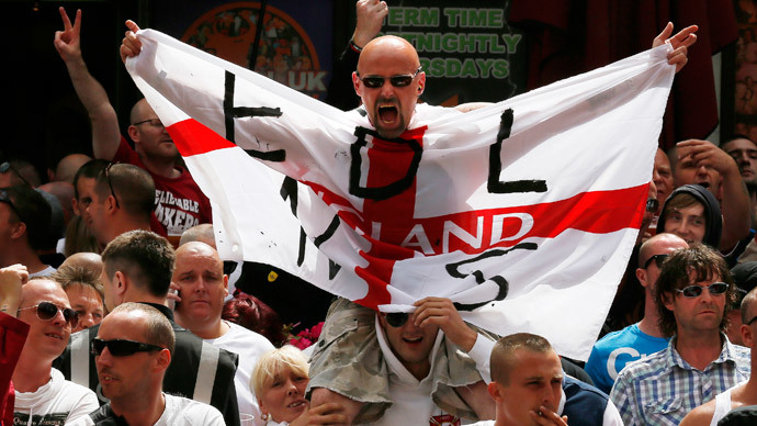 Supporters of the right-wing and anti-Islamist English Defence League (EDL) protest in Birmingham.