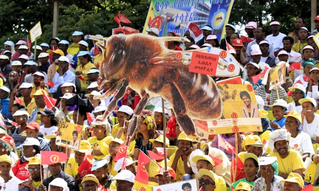 An election rally staged by the Ethiopian People’s Revolutionary Democratic Front in Addis Ababa. There is widespread public indifference about the elections Sunday.