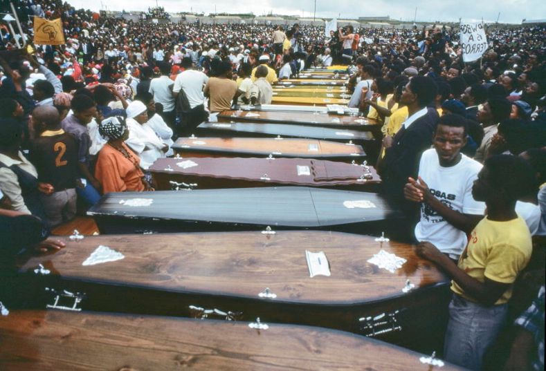 Coffins of those who were killed by the South African police on the 1985 International Day for the Elimination of Racial Discrimination, at Langa Township in Uitenhage. The Day is commemorated each year as the anniversary of the 21 March 1960 Sharpeville massacre.