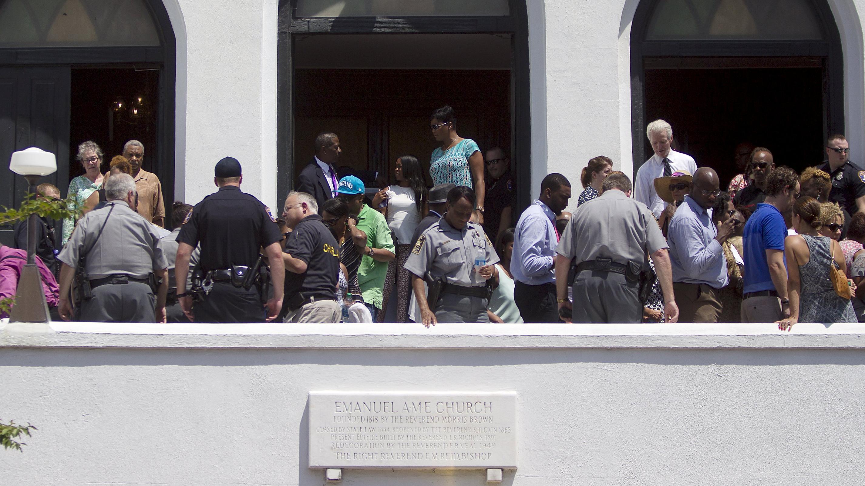 Crowds depart after the morning service at Emanuel African Methodist Episcopal Church in Charleston, June 21, 2015.