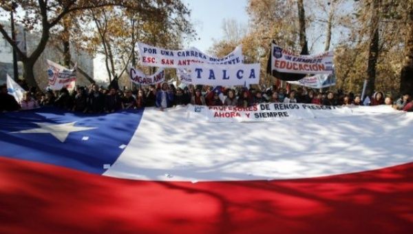 Teachers march in the streets of Santiago, Chile