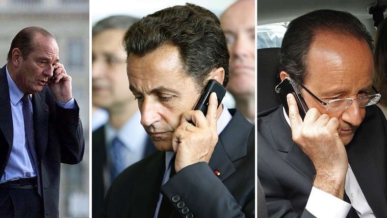 File pictures of (L-R) former French President Jacques Chirac, former French President Nicolas Sarkozy and incumbent President Francois Hollande.