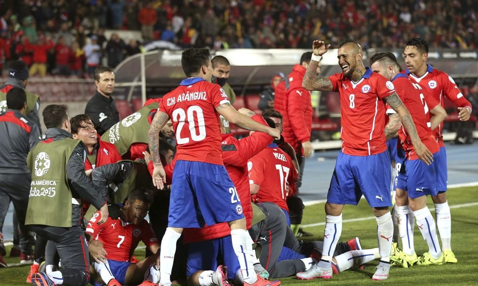 Chilean players celebrates their advance to the semi-final stage of Copa America