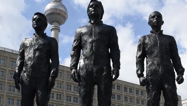 Lifesize bronze sculpture featuring (L-R) former NSA contractor and whistleblower Edward Snowden, WikiLeaks founder Julian Assange and former US soldier Chelsea Manning in Berlin