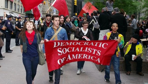 Members of Democratic Socialists of America march at the Occupy Wall Street protest on Sept. 17, 2011.