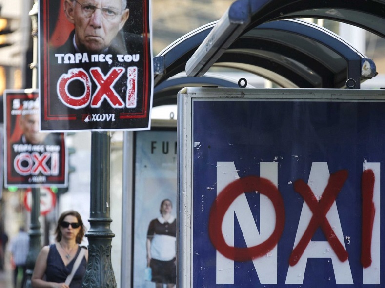 Posters around the streets of Athens call for the No (Oxi) and the Yes (Nai)