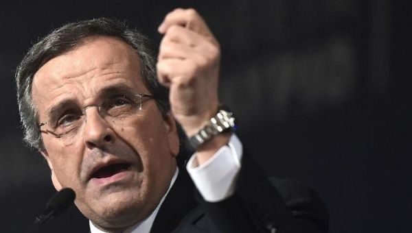 Greece's conservative opposition chief Antonis Samaras, pictured on January 23, 2015, on Sunday announced his resignation.