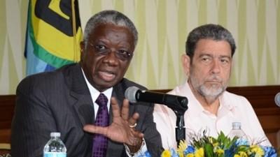 Prime Minister Freundel Stuart (L) at closing press conference of Caricom summit.