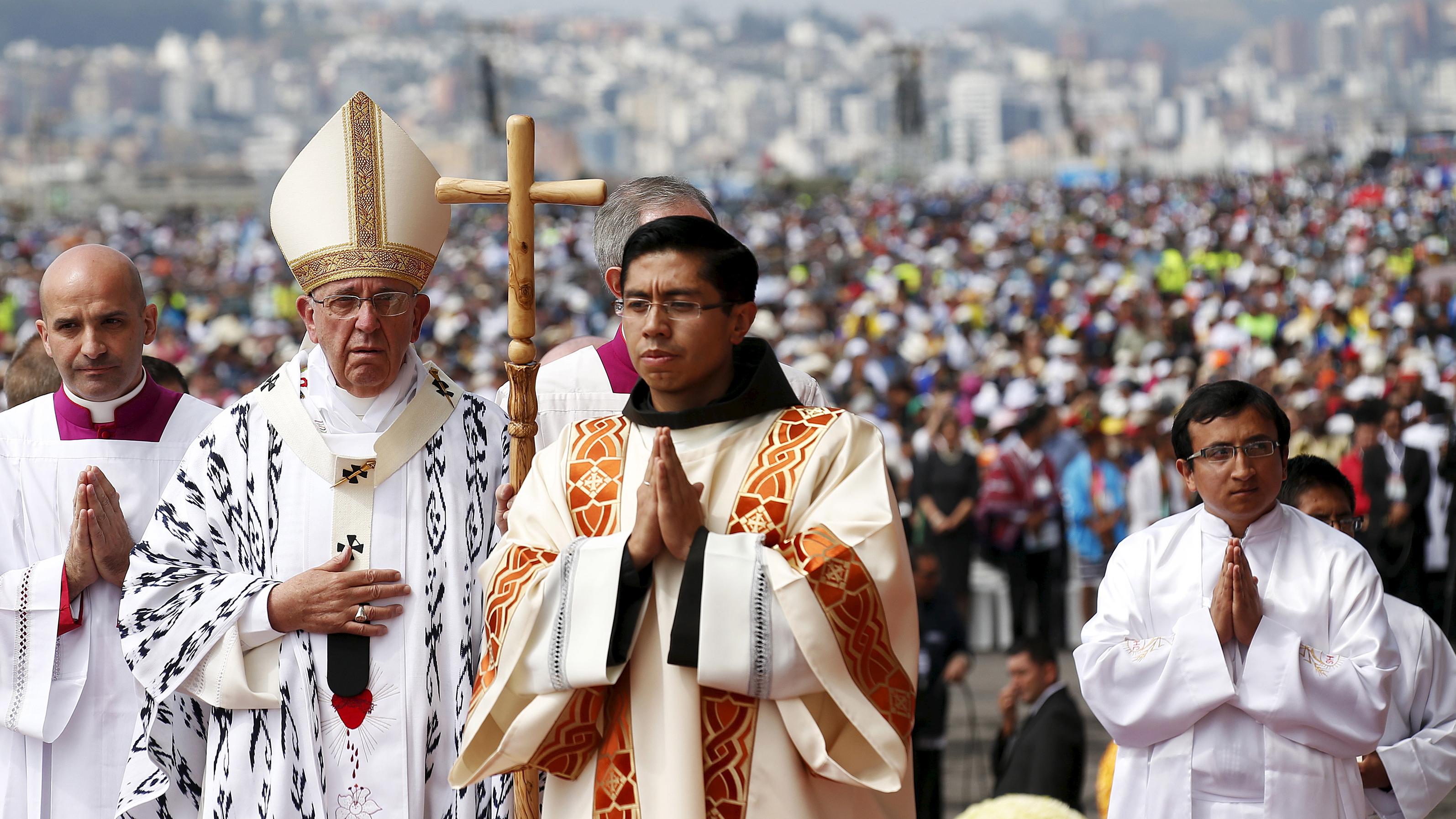 Pope Francis arrives to celebrate mass at the Bicentenario Park in Quito, Ecuador.