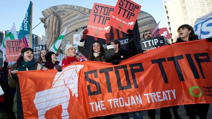 Protesters call for the rejection of the TTIP in Brussels, Belgium targeting the European Commission earlier this year.