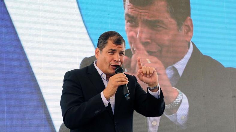 President Rafael Correa addresses a crowd during the unveiling of a new multi-million dollar hospital in the north of Quito, Ecuador, July 16, 2015.