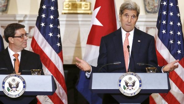 Cuba's Foreign Minister Bruno Eduardo Rodriguez Parilla (L) and U.S. Secretary of State John Kerry (R) hold a news conference at the State Department in Washington July 20, 2015. 